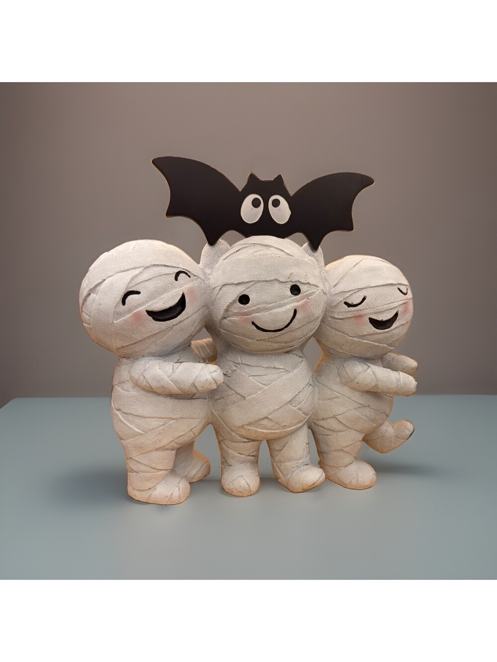 NWT Halloween Three Happy Mummies Figurine Bat Decor 9.5” Shelf Table Decoration